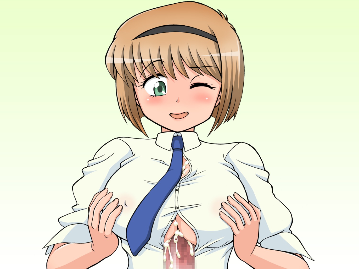 1girls artist_request blush breasts brown_hair censored cum ejaculation female hairband human jigoku_sensei_nube large_breasts light-skinned_female light_skin male miki_hosokawa necktie paizuri paizuri_under_clothes pale-skinned_female pale_skin penis rule34 school_uniform shirt short_hair shounen_jump straight wince