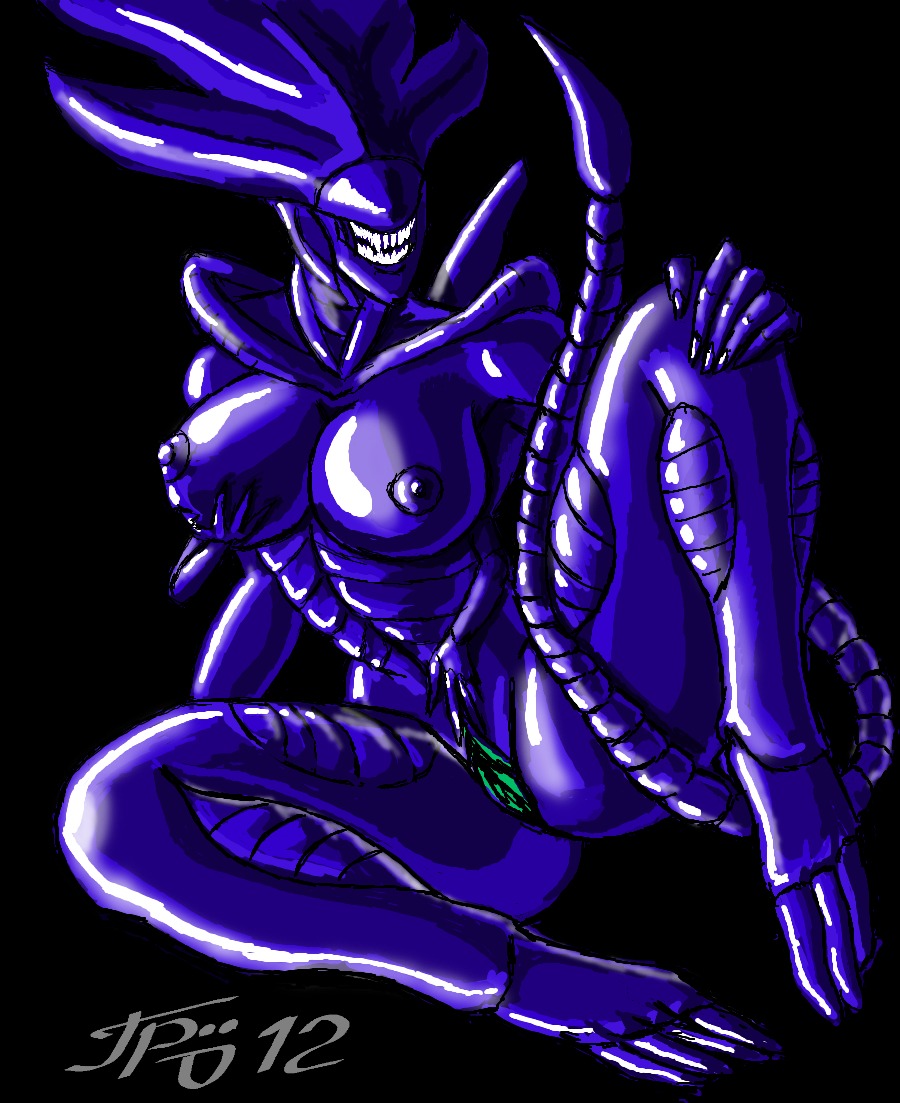 2012 alien alien_(franchise) big_breasts black_background breast_fondling breast_play breasts e621 female fondling genitals grriva hand_on_breast navel nipples nude simple_background smile solo tail teeth vulva xenomorph xenomorph_queen
