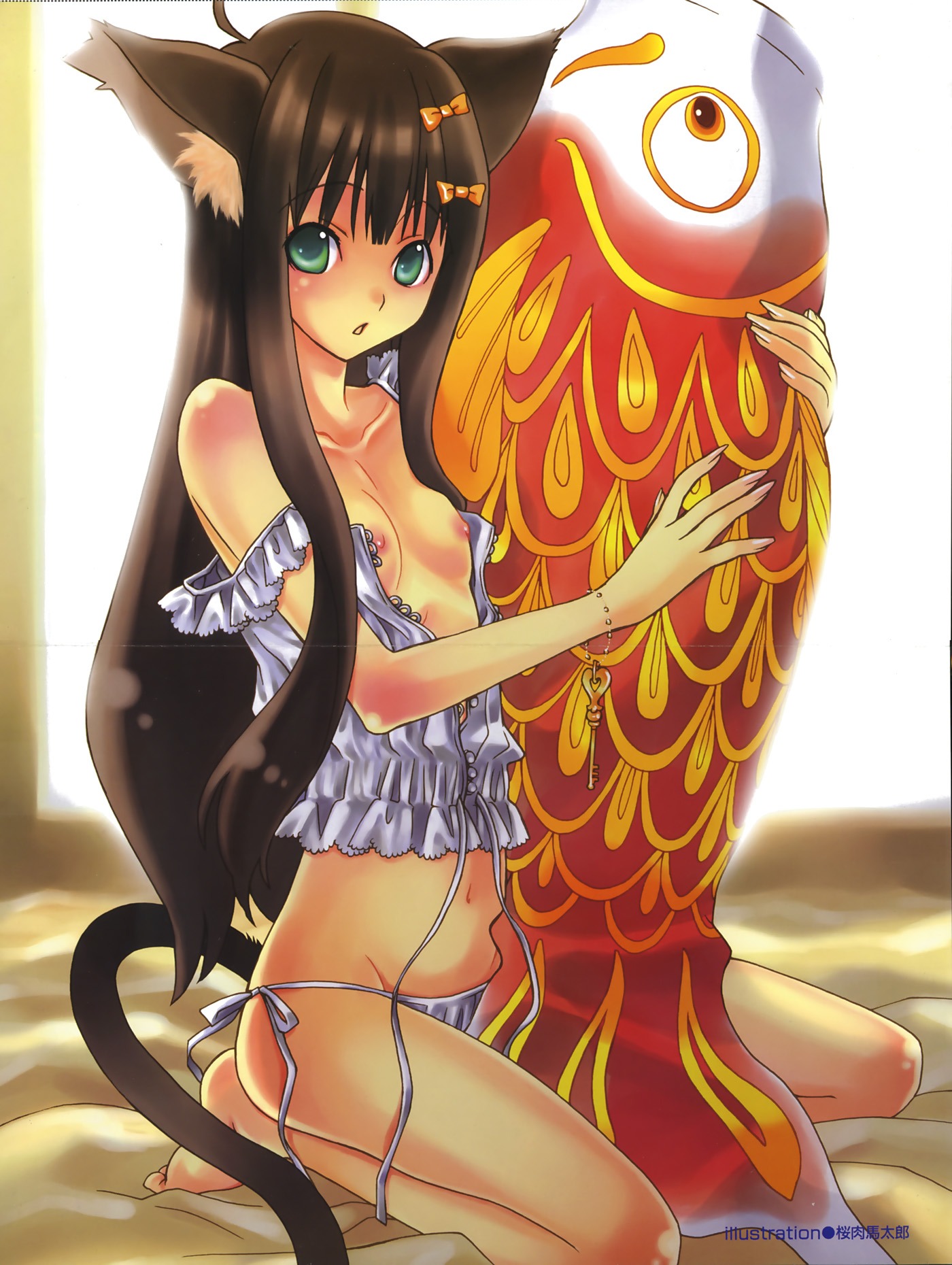 animal_ears brown_hair cat_ears cat_tail female fish green_eyes high_resolution kemonomimi kite nekomimi original rule34 sakuraniku_umatarou tail
