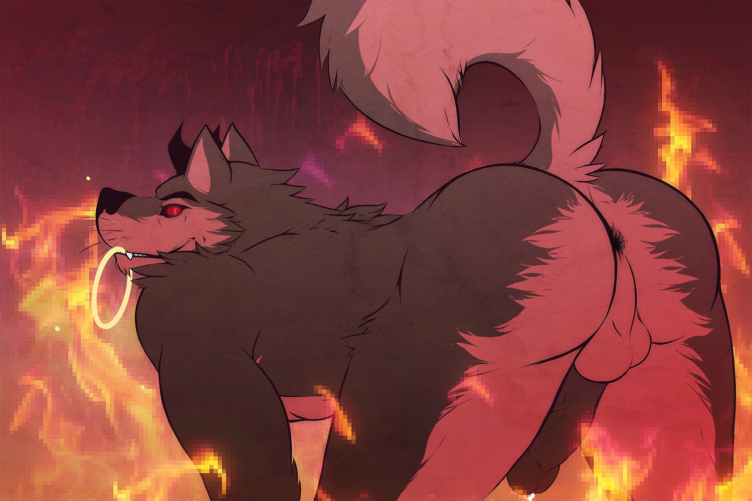 3:2 all_fours anthro anus backsack balls barazoku bcokami bent_over biceps black_penis bodily_fluids butt canid canine canis demon domestic_dog e621 erection fangs fire genital_fluids genitals hell horn humanoid_genitalia humanoid_penis husky hybrid looking_back male mammal mooning muscular muscular_anthro muscular_male nordic_sled_dog nude penis pixelated precum presenting presenting_hindquarters red_eyes smile solo spitz teeth vein yurii