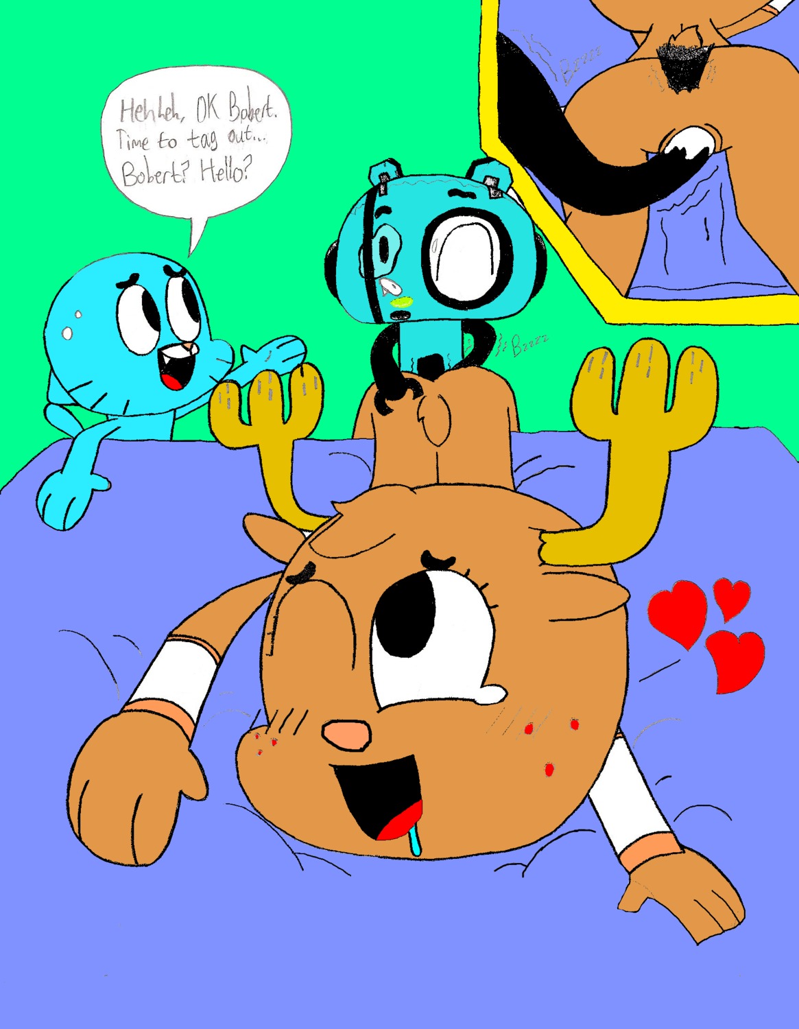 1girls 1robot 2boys anal anal_penetration anal_sex anthro ass bed bobert_(tawog) cartoon_network cat cervine colored cucked_by_friend cum cum_in_ass cum_in_pussy cum_inside deer double_penetration english_text feline female flat_colors from_behind gumball_watterson heart machine male mechanical netorare penis penny_fitzgerald penny_fitzgerald_(before_canon_real_form) pussy random_anon robot rule34 sex speech_bubble straight the_amazing_world_of_gumball threesome traditional_art uncensored vaginal_penetration vaginal_sex young