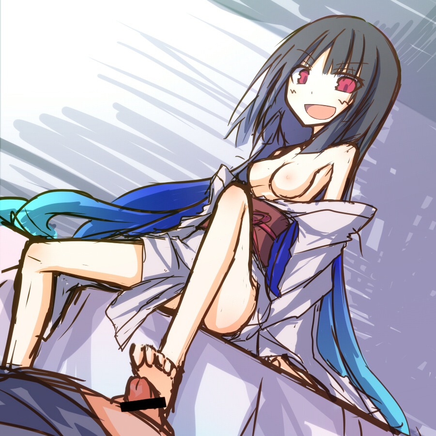 censored feet female footjob ichiyan japanese_clothes kaguya_houraisan kimono long_hair male multicolored_hair nipples no_bra open_clothes penis red_eyes rule34 touhou very_long_hair