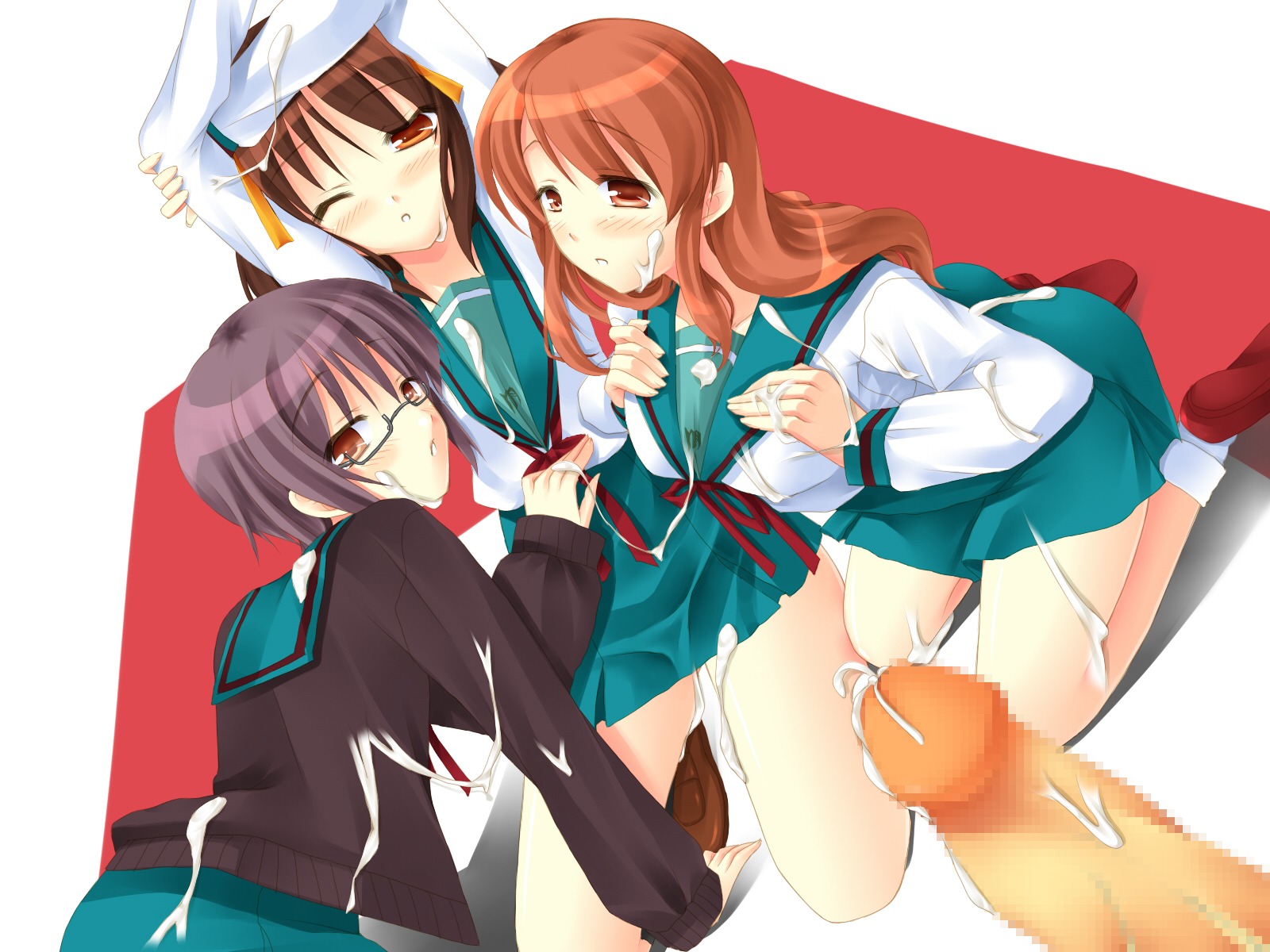 asahina_mikuru blush breasts censored clothing cum female glasses highres large_breasts long_hair nagato_yuki rule34 school_uniform short_hair skirt suzumiya_haruhi suzumiya_haruhi_no_yuuutsu tsumugisou