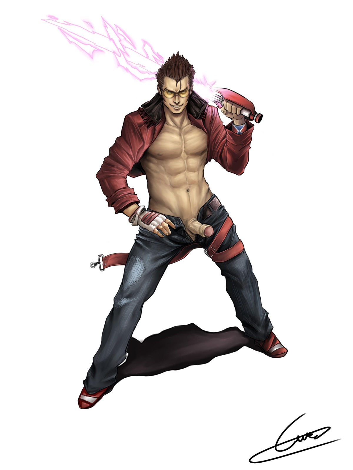 1boy black_hair erection eyewear fight_boner foreskin glasses gloves glowing_weapon jeans male male_only muscular muscular_male no_more_heroes partially_clothed partially_retracted_foreskin pecs penis retracted_foreskin rule34 smirk solo suda_51 travis_touchdown uncircumcised uncut weapon weapon_over_shoulder
