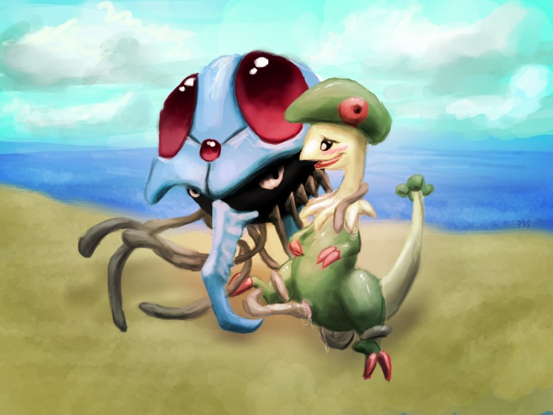 4:3 ambiguous_gender beach blush breloom cloud detailed_background duo e621 feet female female/ambiguous feral fingerless_(marking) generation_1_pokemon generation_3_pokemon genitals green_body green_skin interspecies nintendo outside paulreedsmith penetration pokemon pokemon_(species) sand seaside sex sex_on_the_beach sky tail tentacles tentacruel toeless_(marking) vaginal vaginal_penetration vulva water