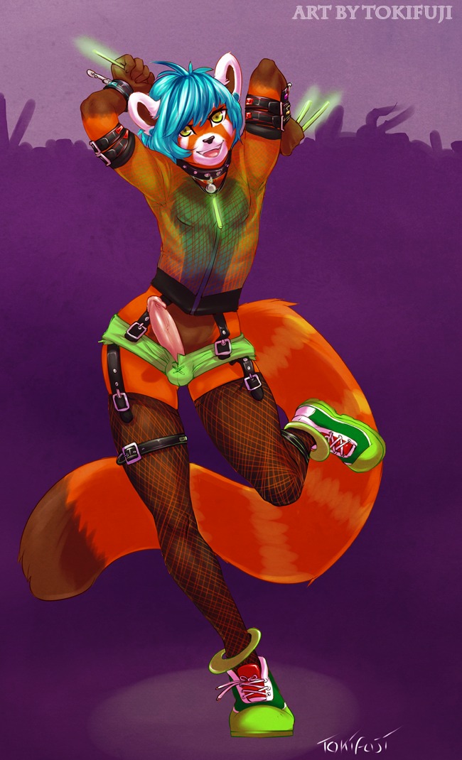 2011 ailurid anthro biped blue_hair clothed clothing crossdressing e621 erection femboy fishnet_clothing footwear fur genitals glowstick glowsticking hair happy humanoid_genitalia humanoid_penis legwear male mammal open_mouth orange_body orange_fur penis penis_poking_out rave red_panda shoes simple_background solo stockings tail text tokifuji