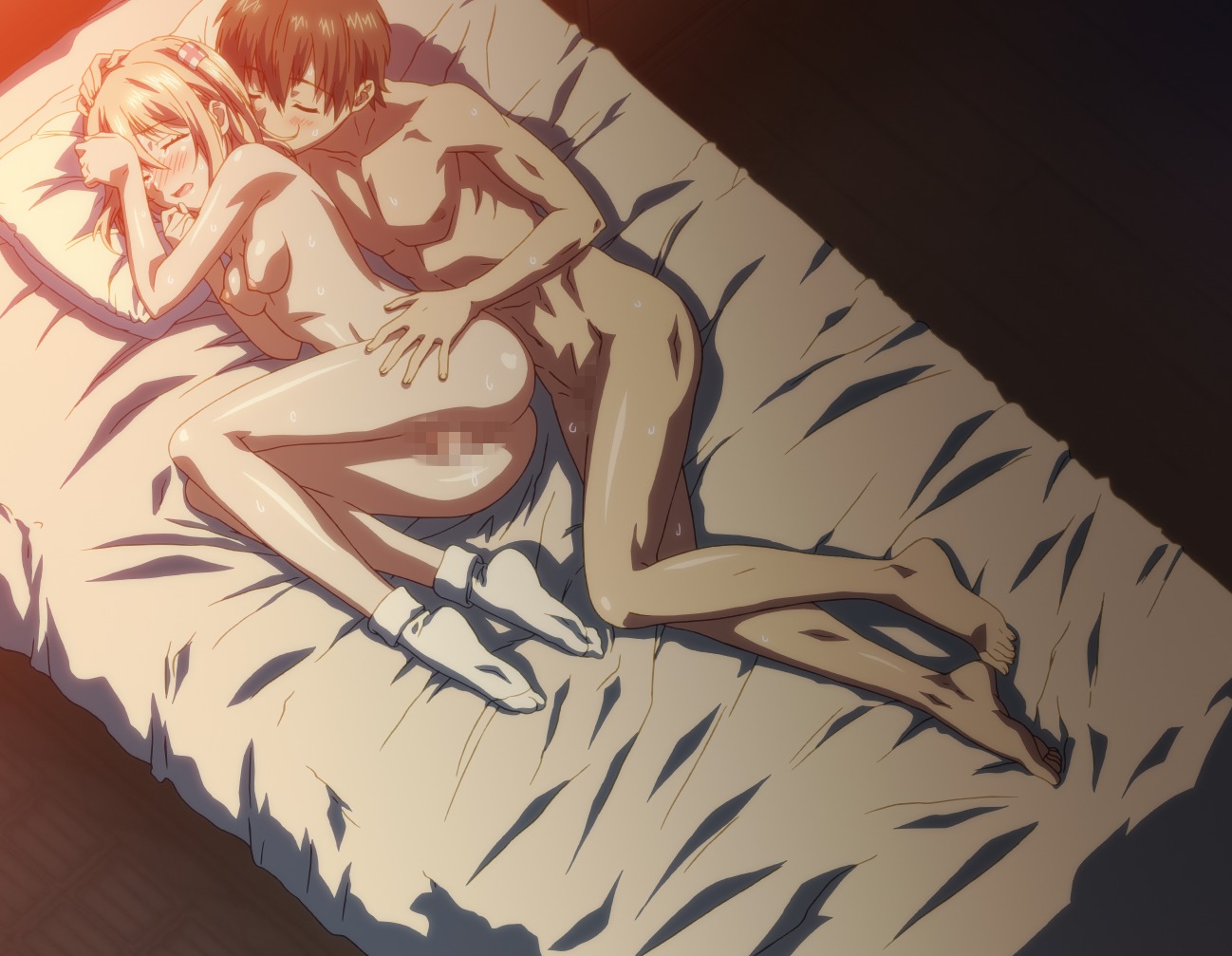 1boy 1girls bed blonde_hair blush breasts censored cute female footwear hip_grab kamimura kamimura_chika legs lying male mosaic_censoring natsu_no_saigo_no_hi nipples nude petite pussy rule34 short_hair sisters_~natsu_no_saigo_no_hi~ skinny slim small_breasts socks sweat teenager torso_grab white_legwear young