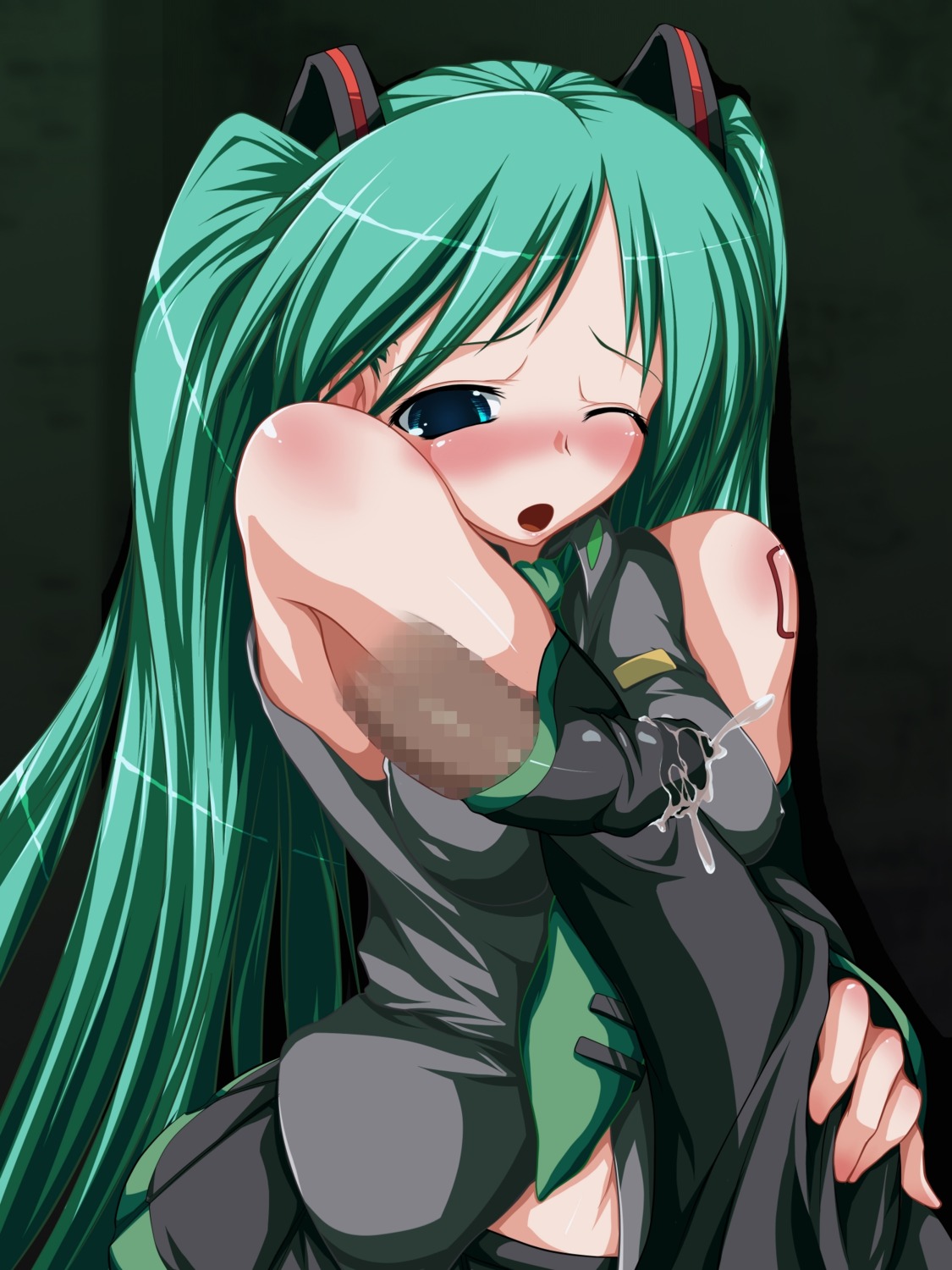 1boy 1girl aqua_eyes aqua_hair blush censored cum detached_sleeves ejaculation female green_hair hatsune_miku hetero long_hair necktie one_eye_closed penis rule34 solo_focus tagme twintails very_long_hair vocaloid