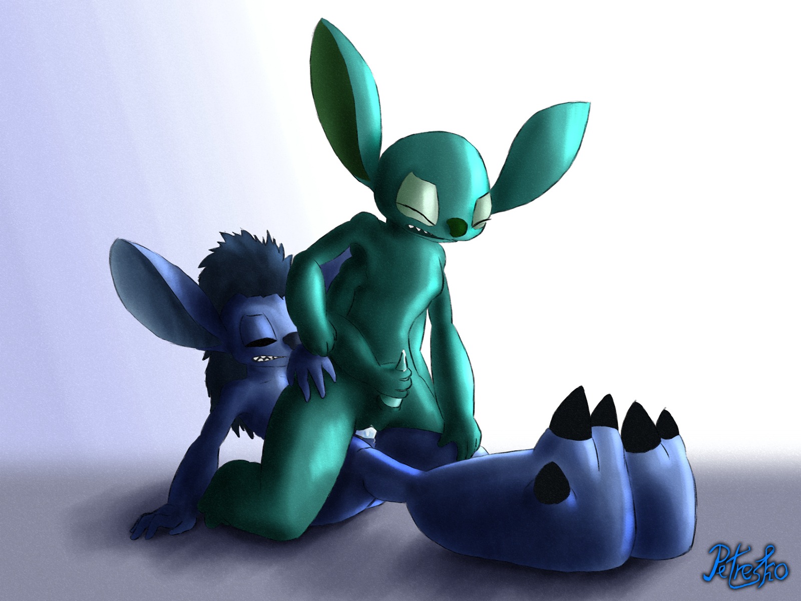 4:3 4_arms alien black_eyes blue_body blue_skin bodily_fluids cum cum_inside disney dominant duo e621 experiment_(lilo_and_stitch) genital_fluids genitals herm hi_res intersex lilo_and_stitch long_ears male mohawk monster multi_arm multi_limb on_bottom on_top orgasm penetration penis petresko reverse_cowgirl_position sex vaginal vaginal_penetration vulva