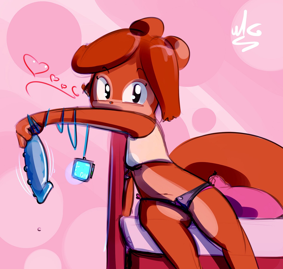 abigail_(musikalgenius) anthro bed clothing digital_media_(artwork) dildo e621 female furniture heart_symbol looking_at_viewer mammal musikalgenius panties rodent sciurid sex_toy shirt sitting solo tank_top topwear tree_squirrel underwear