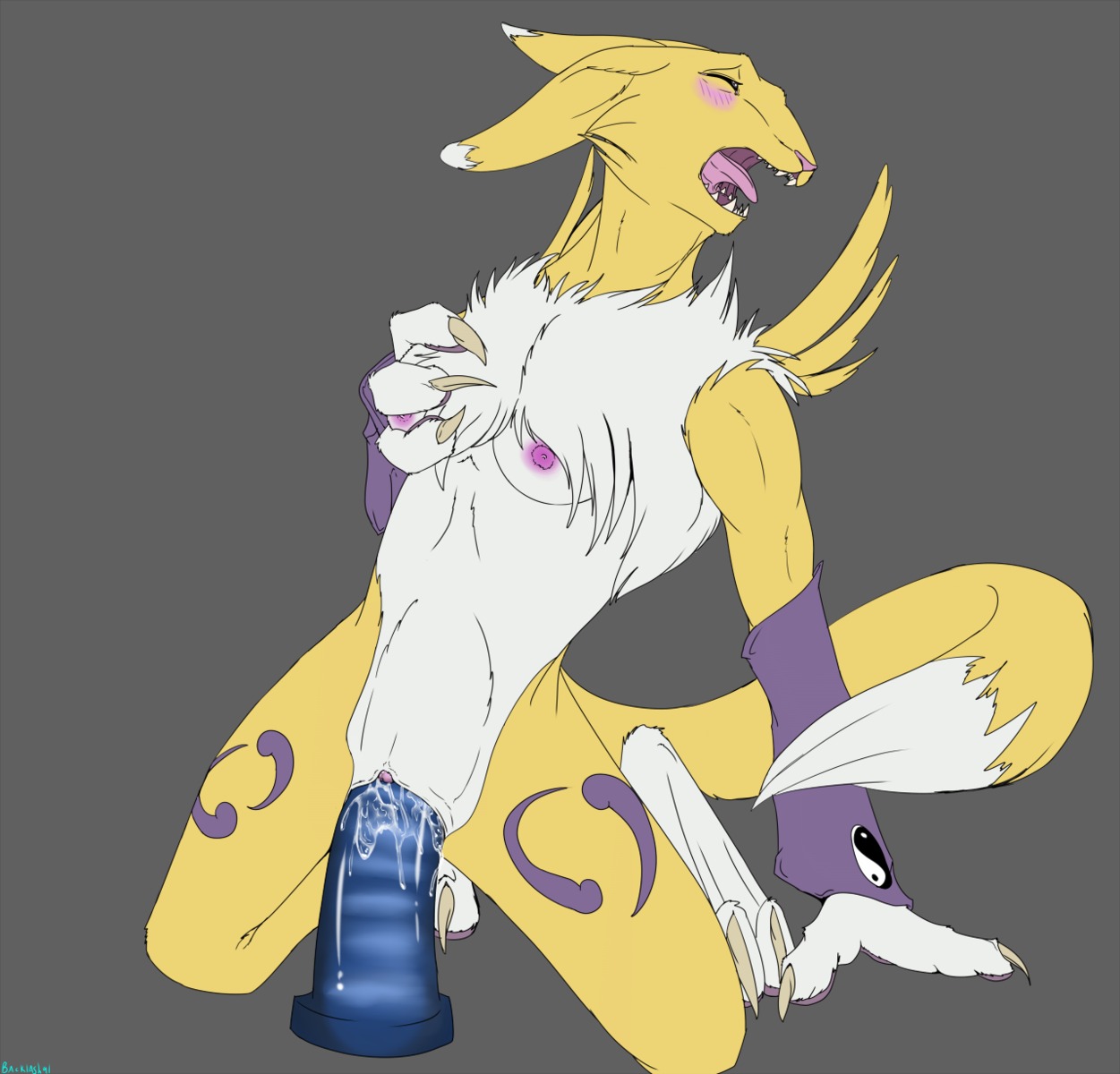 3_fingers abdominal_bulge anthro armwear backlash91 bandai_namco big_feet biped black_sclera blush bodily_fluids breasts bridal_gauntlets canid canine chest_tuft claws clitoris clothing conditional_dnp digimon digimon_(species) digital_media_(artwork) dildo dildo_sitting e621 eyes_closed facial_markings fangs feet female fingers fur genital_fluids genitals glistening grey_background grey_eyes hand_on_breast hand_on_chest head_markings hi_res kneeling large_penetration long_ears mammal markings masturbation mostly_nude narrowed_eyes nipples open_mouth pawpads paws penetration pink_body pink_nose pink_skin purple_body purple_fur renamon sex_toy shadow sharp_teeth simple_background solo spread_legs spreading squint teeth toe_claws tongue tongue_out toying_self tuft vaginal vaginal_fluids vaginal_masturbation vaginal_penetration vulva white_body white_fur yellow_body yellow_fur