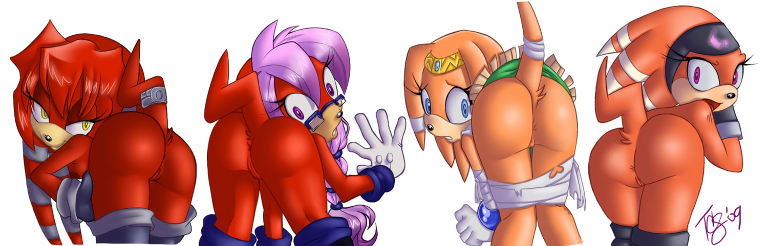 akito_yagami anthro archie_comics blue_eyes bottomwear breasts butt clothed clothing crooked_tail e621 echidna eyewear female genitals glasses gloves group hair handwear hi_res lara-su lien-da long_hair looking_at_viewer looking_back mammal monotreme mooning no_underwear orange_body orange_hair purple_eyes purple_hair red_body red_hair sega shade_the_echidna side_boob skirt sonic_adventure sonic_chronicles:_the_dark_brotherhood sonic_the_hedgehog_(archie) sonic_the_hedgehog_(comics) sonic_the_hedgehog_(series) tail tail_under_skirt tail_upskirt tikal_the_echidna upskirt vulva yellow_eyes