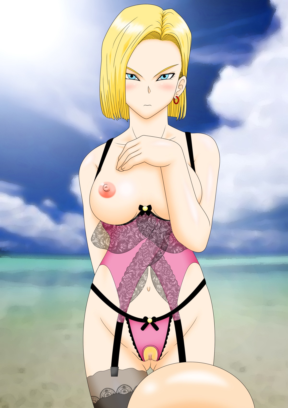 android_18 blonde_hair blue_eyes blush breasts censored crotchless_panties dragon_ball dragon_ball_z earrings female garter_belt high_resolution human jewelry krillin kuririn lingerie male navel nipples panties pink_thong pubic_hair rule34 short_hair thighhighs underwear
