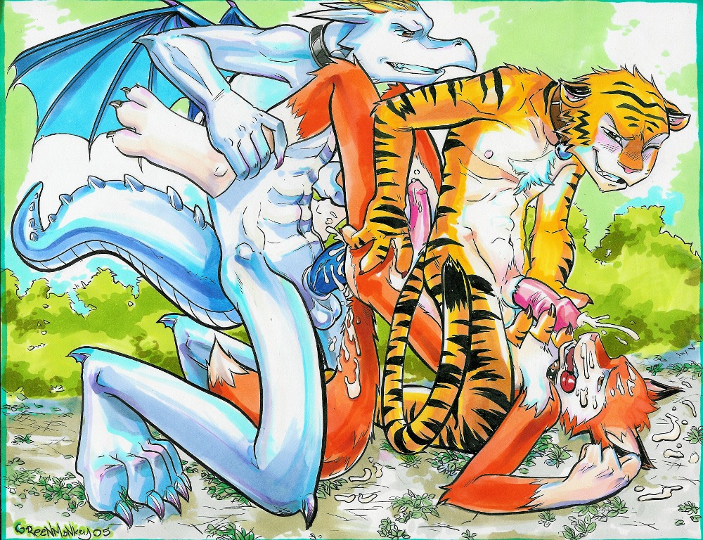 abs anal anal_penetration anthro anthro_on_anthro balls biceps blue_penis blush bodily_fluids canid canine claws collar cum cum_in_ass cum_inside cum_on_penis cumshot dragon e621 ejaculation erection felid fox fur genital_fluids genitals greenmonkey group group_sex interspecies leaking lying male male/male male_penetrated male_penetrating male_penetrating_male mammal masturbation muscular mythological_creature mythological_scalie mythology nipples nude on_back orgasm outside pantherine pecs penetration penile penile_masturbation penis scales scalie sex standing tail threesome tiger toe_claws tongue trio tygre vein white_body white_fur