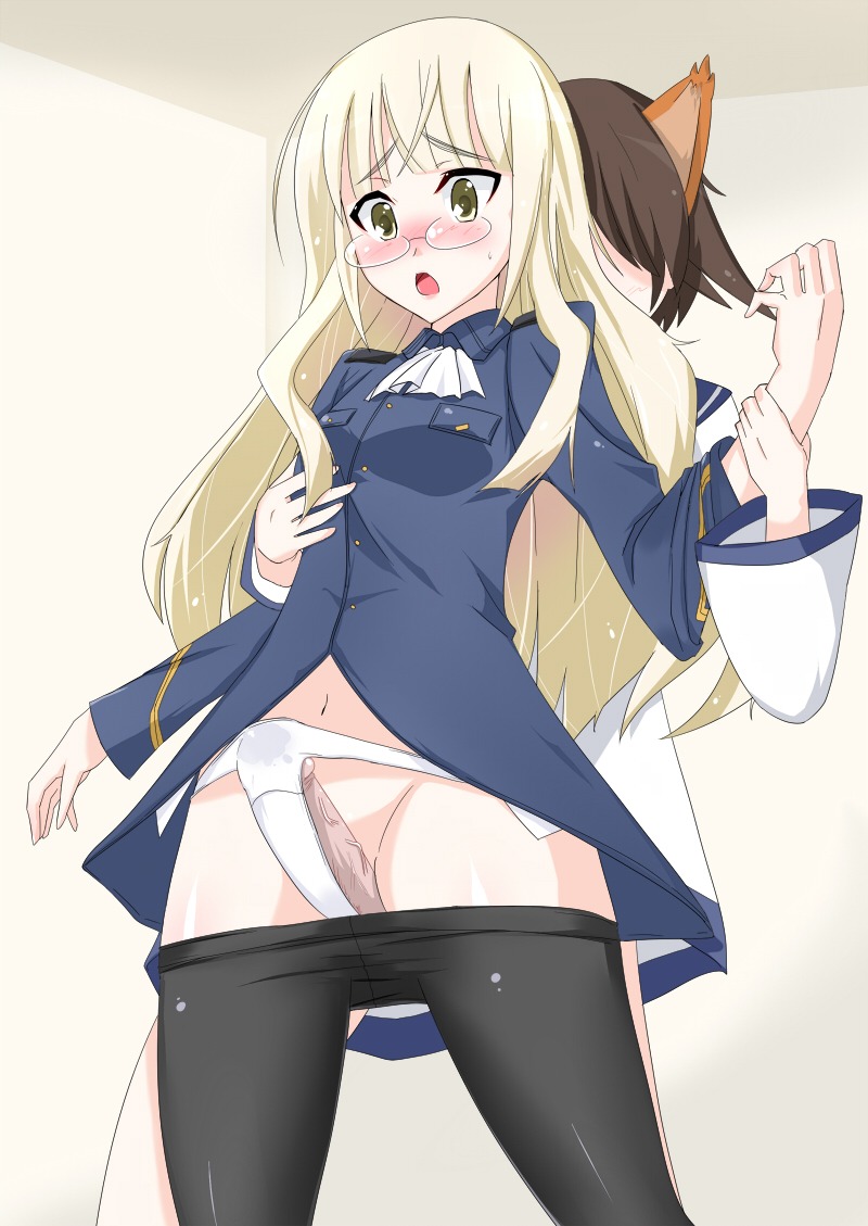 blonde_hair blush clothing flat_chest futanari glasses intersex megane miyafuji_yoshika outercourse panties pantyhose perrine_h._clostermann rule34 strike_witches world_witches_series
