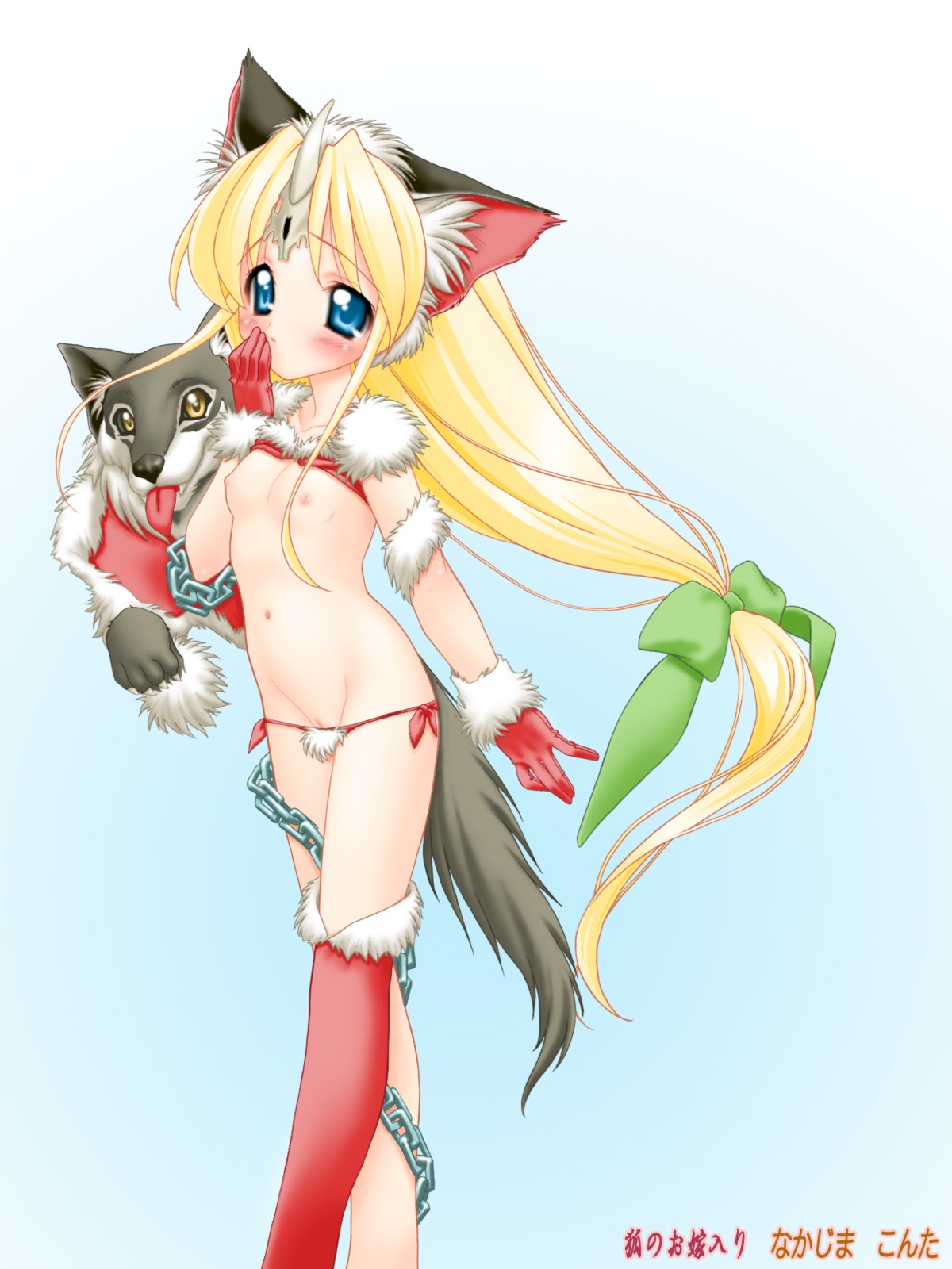 animal_ears blonde_hair blue_eyes blush breasts chains dog_ears female fenrir fenrir_knight gloves highres horn horns long_hair low-tied_long_hair nakajima_konta nipples nude panties ponytail pussy red_gloves ribbon riesz rule34 seiken_densetsu seiken_densetsu_3 simple_background tied_hair uncensored underwear wolf wolf_ears