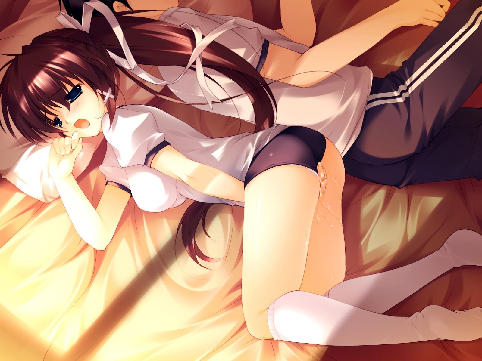 1boy 1girls ass bed blue_eyes breasts brown_hair buruma clothed_masturbation clothing curvy faceless faceless_male female female_focus female_penetrated footwear game_cg gym_uniform hair_ribbon hand_to_mouth highres impossible_clothes impossible_clothing impossible_shirt kiss_to_lord_to_darjeeling kiss_x_lord_x_darjeeling kneehighs large_ass large_breasts long_hair male male_with_female masturbation mikeou on_side open_mouth panties pillow ponytail pussy pussy_juice ribbon rule34 secret shirt side_ponytail sleeping socks stealth stealth_masturbation sunlight tied_hair track_pants underwear wet_panties white_kneehighs white_legwear yashiro_tsubasa