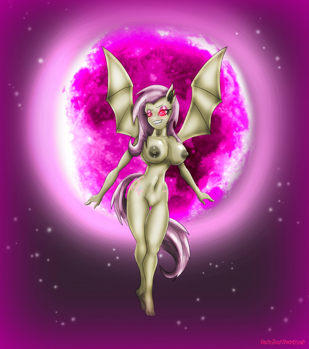 2013 absurd_res anthro anthrofied bat_pony bat_wings breasts cutie_mark digital_media_(artwork) e621 equid eyeshadow fangs female flutterbat_(mlp) fluttershy_(mlp) flying friendship_is_magic genitals glowing glowing_eyes hair hasbro hi_res hybrid looking_at_viewer makeup mammal membrane_(anatomy) membranous_wings moon my_little_pony navel night nipples nude outside pink_hair red_eyes sixpathoffriendship solo star teeth vulva wings
