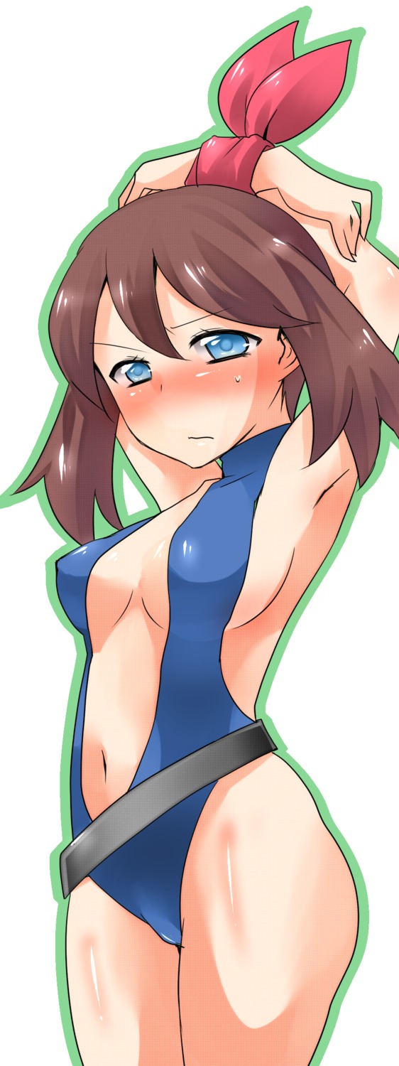 blue_eyes blush bound_wrists brown_hair embarrassed female female_only high_resolution human human_only may_(pokemon) one-piece_swimsuit pokemon ribbon rule34 solo swimsuit tied