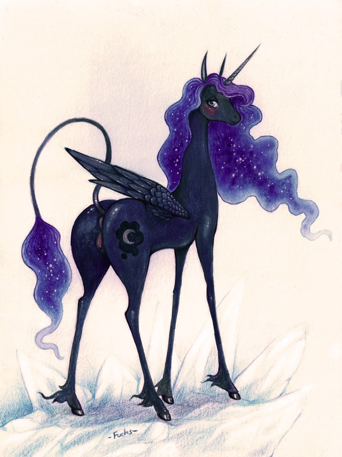 2013 absurd_res anus blue_body blue_eyes blue_feathers blue_fur blush butt classical_unicorn cutie_mark e621 equid equine ethereal_hair feathered_wings feathers female feral friendship_is_magic fuchs fur genitals hair hasbro hi_res hooves horn looking_back mammal my_little_pony mythological_creature mythological_equine mythology princess_luna_(mlp) purple_hair solo traditional_media_(artwork) unicorn_horn vulva winged_unicorn wings