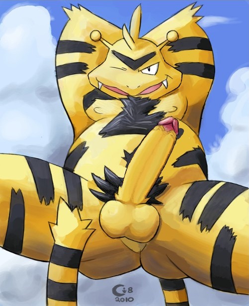 antennae anthro arms_behind_head balls black_fur color day electabuzz erection fangs front_view fur furry furry_tail looking_at_viewer male male_only narc nude outdoors penis pokemon pose rule34 sky smile solo tail testicles wink yellow_fur