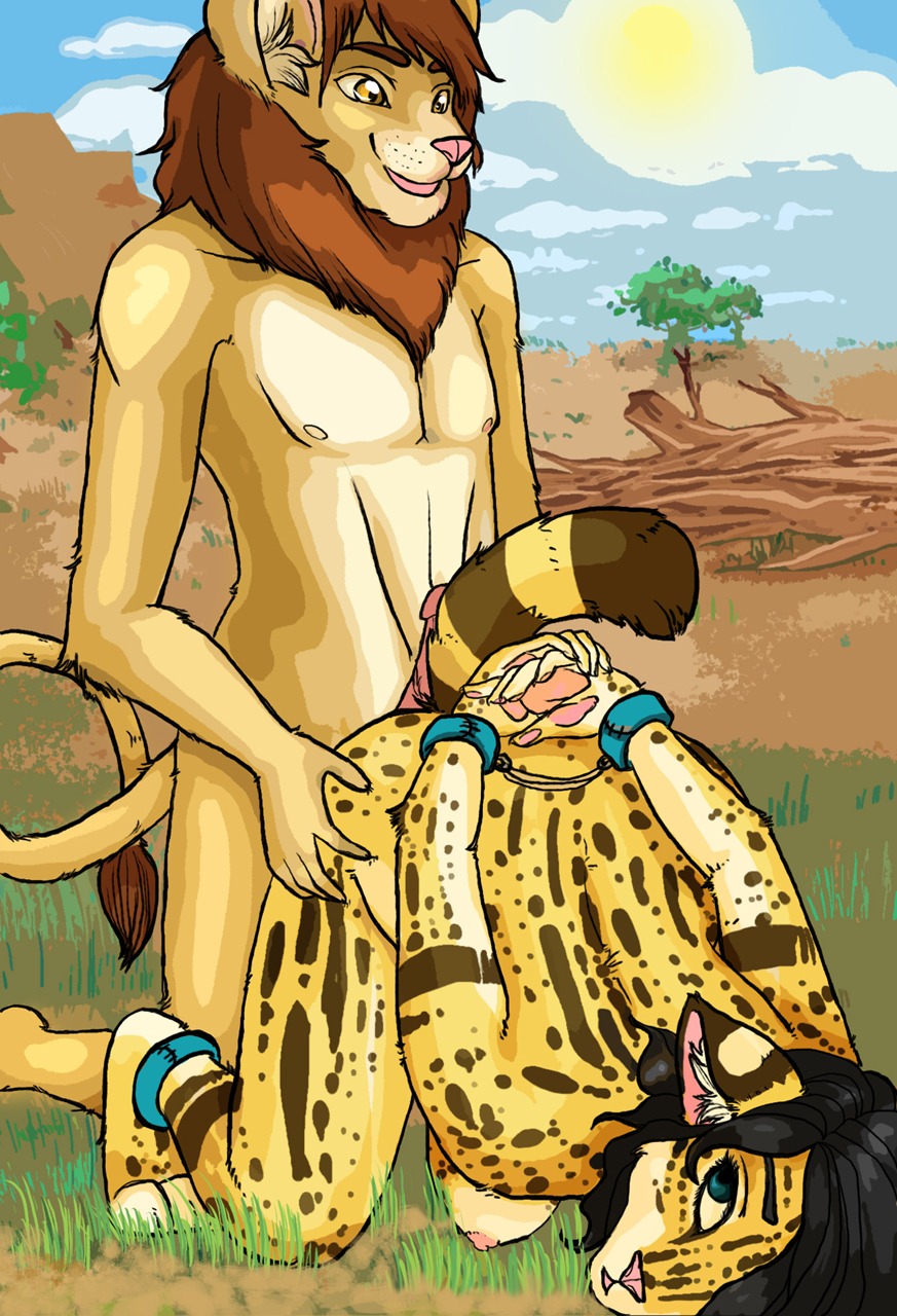 anthro anthro_on_anthro ass_up bdsm black_hair blue_eyes bound breasts cloud duo e621 erection felid feline female from_behind_position genitals hair hi_res kneeling lion male male/female mammal nipples nude outside pantherine penis ruriko ruriko_(character) serval sex sky spots tail yellow_eyes