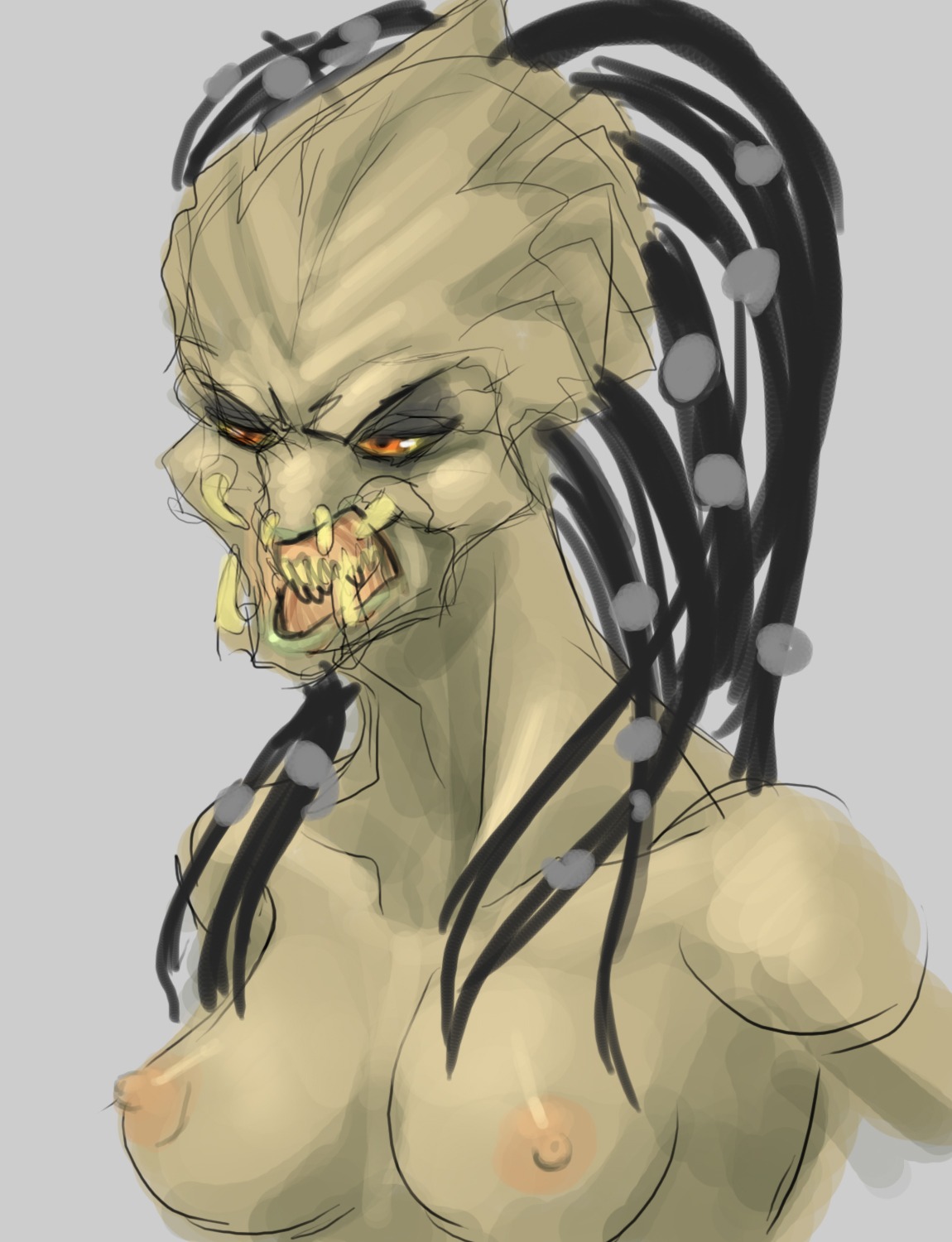 1girls 2d alien alien_girl breasts female female_focus female_only female_yautja nipples no_humans predator_(franchise) rule34 sketch solo solo_female yautja
