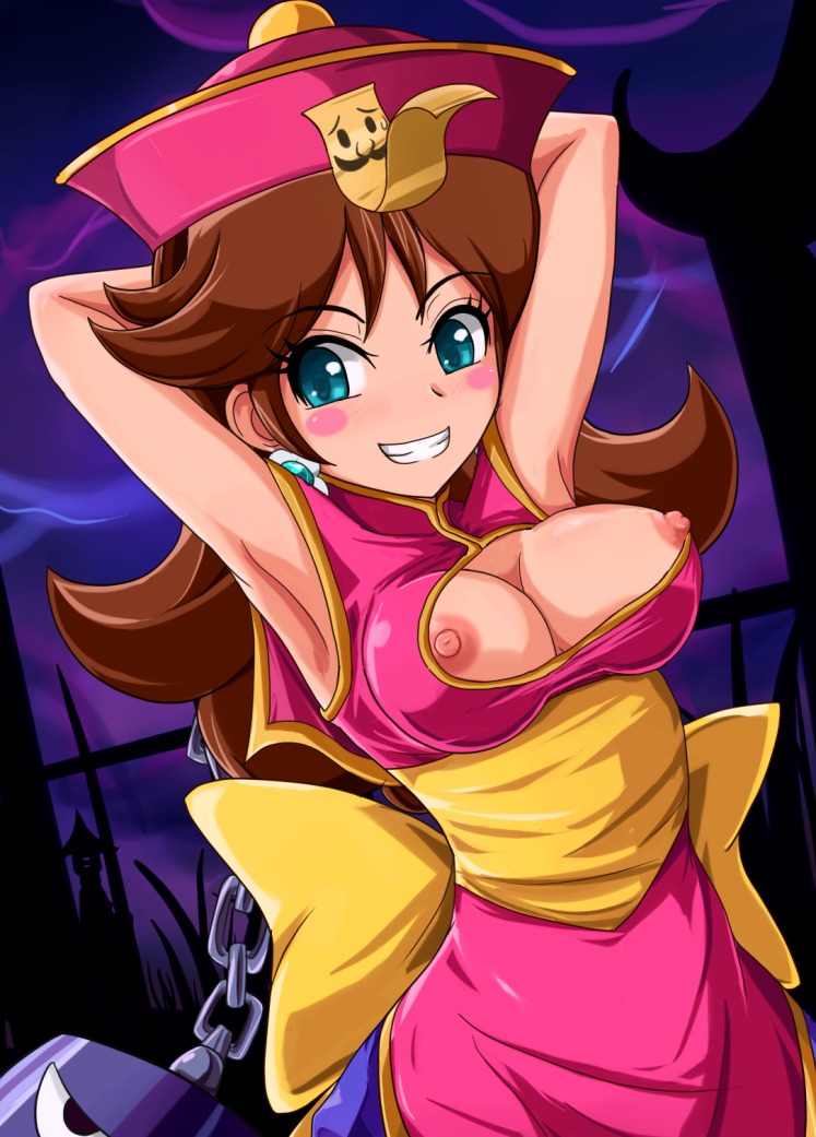 1girls areola armpits arms_behind_head arms_up ass big_ass big_breasts big_butt bimbo blue_eyes blush blush_stickers breasts brown_hair busty chains cleavage cleavage_cutout clothes clothing color cosplay darkstalkers ear_piercing earrings erect_nipples female female_only front_view grin hair hat hsien_ko_(cosplay) human jewelry large_breasts lei_lei_(cosplay) long_hair looking_at_viewer luigi mario_(series) naughty_face night night_sky nintendo nipple_slip nipples objectification ofuda outdoors piercing princess_daisy round_ears rule34 sigurdhosenfeld sky smile solo straight_hair vampire_(game)