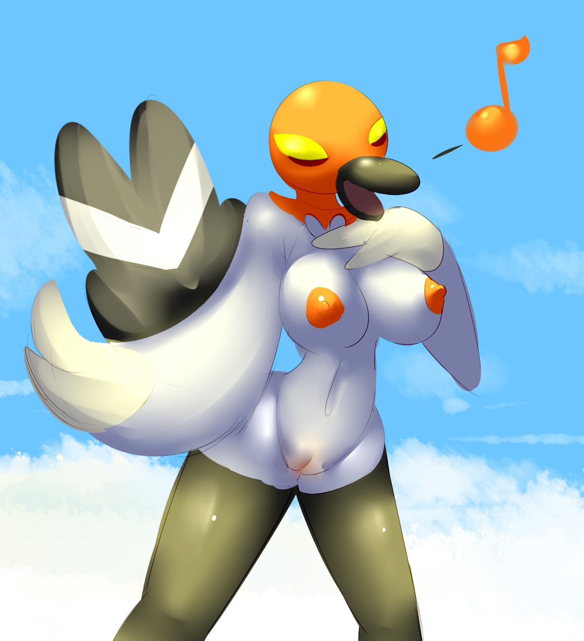 2013 anthro avian bird breasts cloud digital_media_(artwork) e621 elpatrixf eyes_closed feathered_wings feathers female fletchling generation_6_pokemon genitals hi_res nintendo nipples non-mammal_breasts non-mammal_nipples nude outside pokemon pokemon_(species) pokemorph singing sky skyscape solo vulva wings
