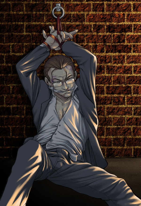 1boy 2d bondage brick_wall brown_hair button_down_shirt charles_foster_offdensen chest chest_hair dethklok dick_outline dramatic_lighting fully_clothed gagged glasses male male_only metalocalypse nosebleed open_suit penis rule34 suit tagme tied_to_wall