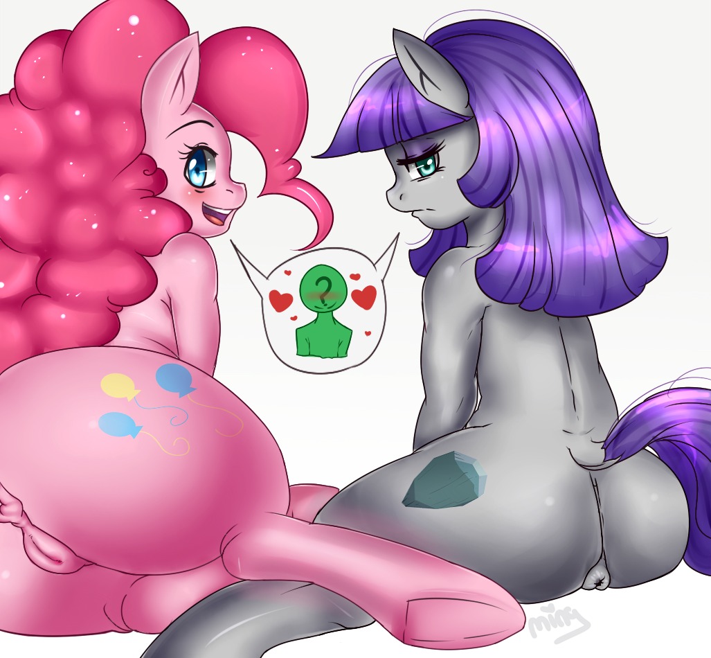 2014 anthro anus blue_eyes blush butt cutie_mark duo e621 earth_pony equid equine eyelashes female friendship_is_magic fur genitals grey_body grey_fur hair half-closed_eyes hasbro heart_symbol horse looking_at_viewer mammal maud_pie_(mlp) mingamia my_little_pony narrowed_eyes pink_body pink_fur pink_hair pink_tongue pinkie_pie_(mlp) pony purple_hair sibling_(lore) simple_background sister_(lore) sisters_(lore) take_your_pick teeth tongue vulva white_background