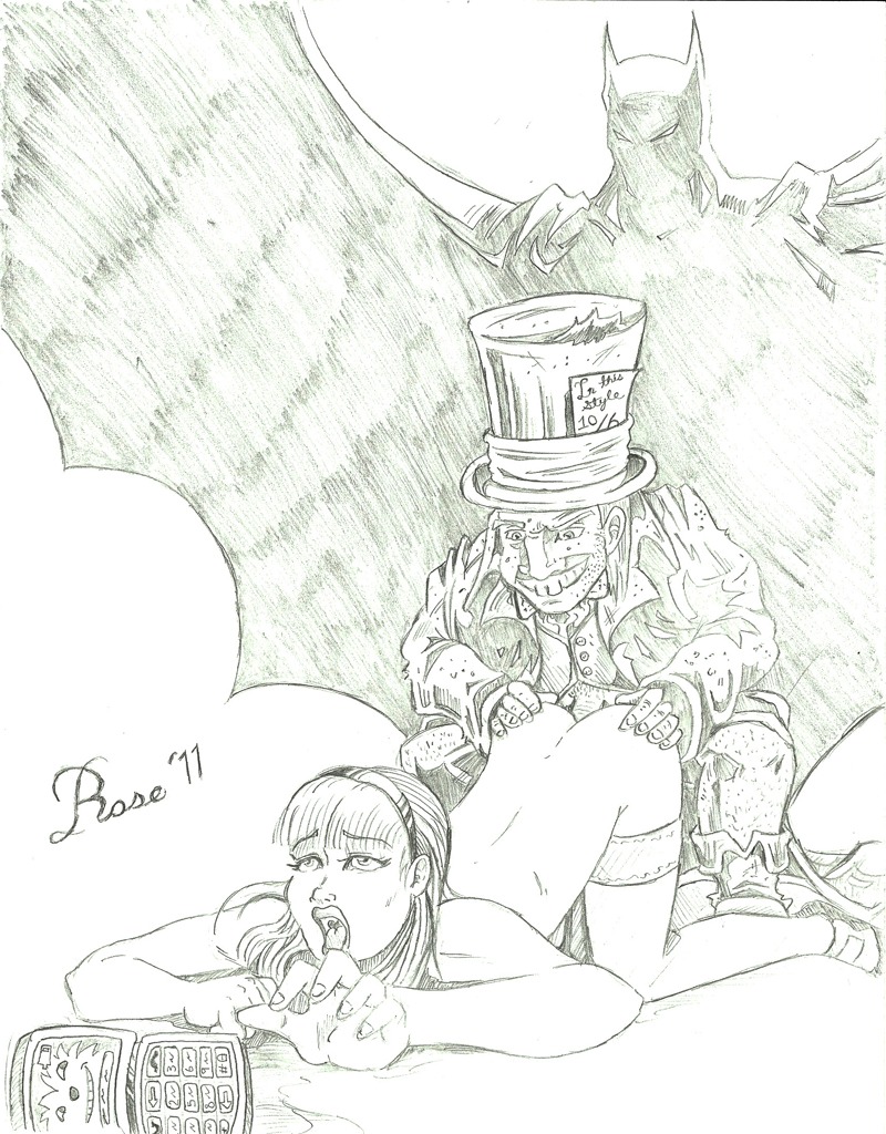 1girls 2boys alice_in_wonderland alice_liddell batman batman_(bruce_wayne) bruce_wayne cellphone cheshire_cat dc dc_comics female jervis_tetch mad_hatter mad_hatter_(dc) male monochrome rule34