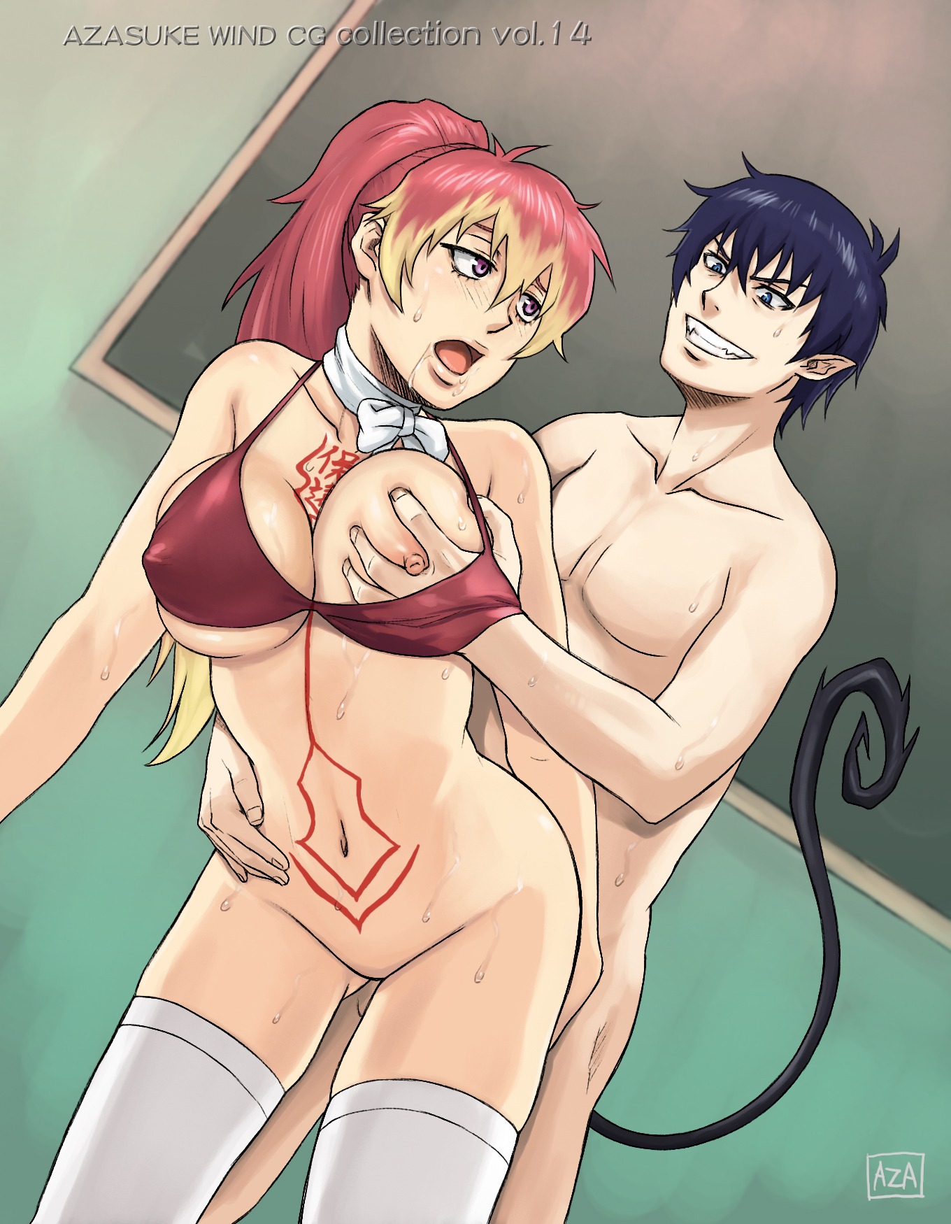 ao_no_exorcist azasuke bikini bikini_top blue_eyes blue_hair blush breast_grab breasts clenched_teeth erect_nipples female from_behind highres kirigakure_shura large_breasts long_hair multicolored_hair navel nipples no_panties open_mouth ponytail purple_eyes rule34 saliva scarf sex short_hair smile socks sweat swimsuit tail tattoo thighhighs tied_hair