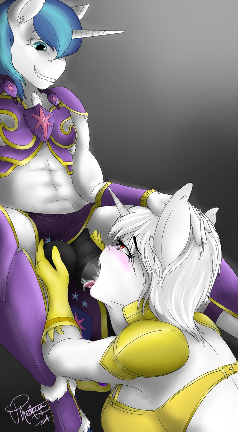 2014 animal_genitalia animal_penis anthro anthrofied armor ball_fondling balls black_penis blue_hair blush clothing deep_throat duo e621 equid equine equine_genitalia equine_penis erection fan_character fellatio female female_penetrated fondling friendship_is_magic fur genitals gloves hair handwear hasbro hi_res horn kneeling long_hair looking_down looking_up male male/female male_penetrating male_penetrating_female mammal my_little_pony mythological_creature mythological_equine mythology oral oral_penetration penetration penile penis phathusa sex shining_armor_(mlp) sitting smile tongue tongue_out unicorn white_body white_fur white_hair