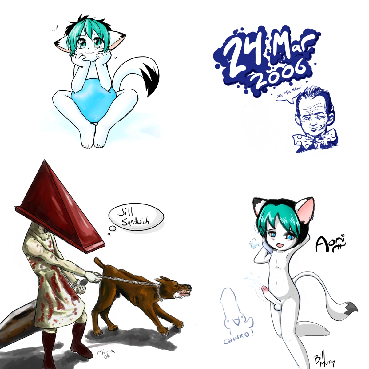 1:1 2006 anthro aomiarmster ball balls barefoot biped black_body black_fur black_hair black_nose blue_eyes blue_hair bow_(feature) bow_tie brown_body brown_fur canid canine canis child clothed clothing colored_sketch dated digital_drawing_(artwork) digital_media_(artwork) dipstick_tail domestic_cat domestic_dog duo e621 ear_piercing english_text erection feet felid feline felis feral for_a_head fully_clothed fur genitals glans great_knife_(silent_hill) hair hi_res human humanoid humanoid_genitalia humanoid_penis jig konami looking_at_viewer male mammal markings monster monstrous_humanoid multicolored_body multicolored_fur multicolored_hair multicolored_penis multiple_images navel nobuyuki nude object_head open_mouth paws penis piercing pink_penis pyramid_head silent_hill simple_background sketch sketch_page smile solo tail tail_markings text two_tone_body two_tone_fur two_tone_hair two_tone_penis white_background white_balls white_body white_fur white_penis young young_anthro young_male