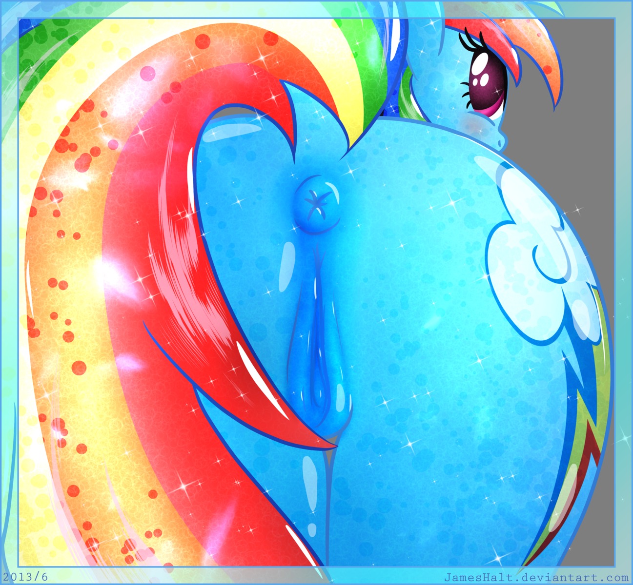 2013 absurd_res alpha_channel anus blue_body blue_border blue_fur blush border butt butt_focus cutie_mark e621 equid equine female feral friendship_is_magic fur genitals glistening hair haltie hasbro hi_res horse looking_at_viewer looking_back mammal multicolored_hair my_little_pony nude pony presenting presenting_hindquarters purple_eyes rainbow_dash_(mlp) rainbow_hair rear_view simple_background solo sparkles text transparent_background url vulva