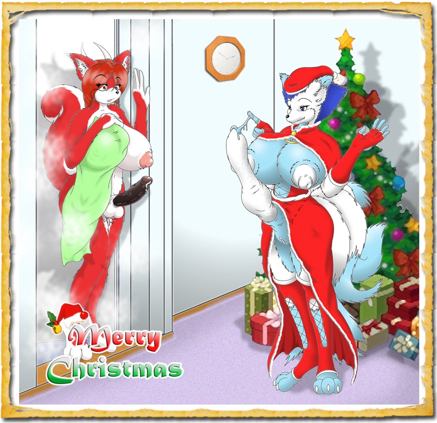 anthro balls big_breasts big_nipples big_penis breasts canid canine christmas duo e621 erection gazdio01 genitals gynomorph herm holidays huge_breasts huge_nipples huge_penis humanoid_genitalia humanoid_penis hyper hyper_genitalia hyper_penis intersex knot kyera mammal nara nipples one_breast_out penis sackless surprised tail vulva white_penis