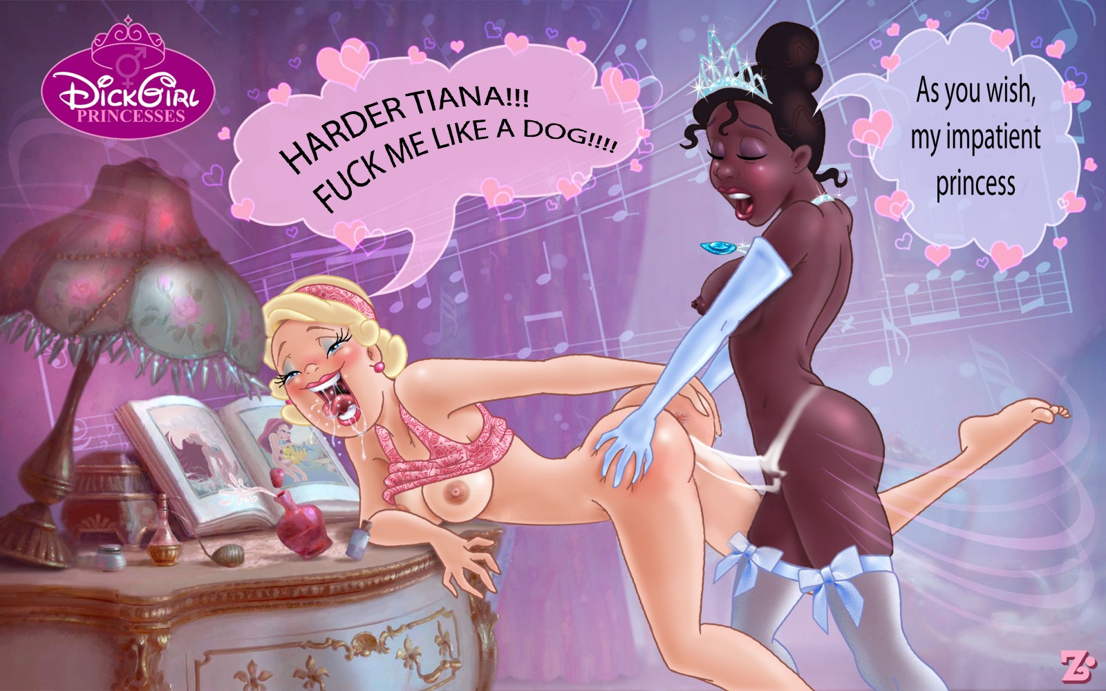 2d 2girls ass big_ass big_breasts black_hair blonde_hair breasts cameo charlotte_la_bouff closed_eyes clothing crossover dark-skinned_female dark_skin disney disney_princess edit english_text female female/female female_only gloves grabbing_ass interracial interracial_yuri lesbian lesbian_sex light-skinned_female light_skin long_gloves motion_lines naked naked_female nipples open_mouth rule34 sex speech_bubble stockings strap-on strapon the_little_mermaid the_little_mermaid_(1989_film) the_princess_and_the_frog third-party_edit tiana tiara uncensored yuri zandersnazz