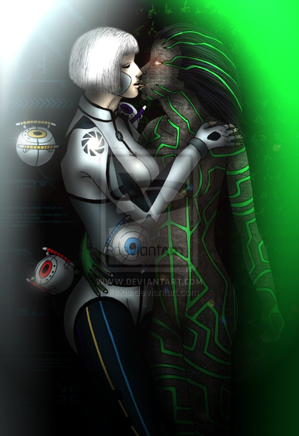 2d 2girls android anger_core artificial_intelligence breasts cables crossover curiosity_core female female_only glados glados_(humanoid) intelligence_core kissing morality_core multiple_females multiple_girls no_artist no_source portal_(series) rule34 shodan system_shock wire_hair yuri