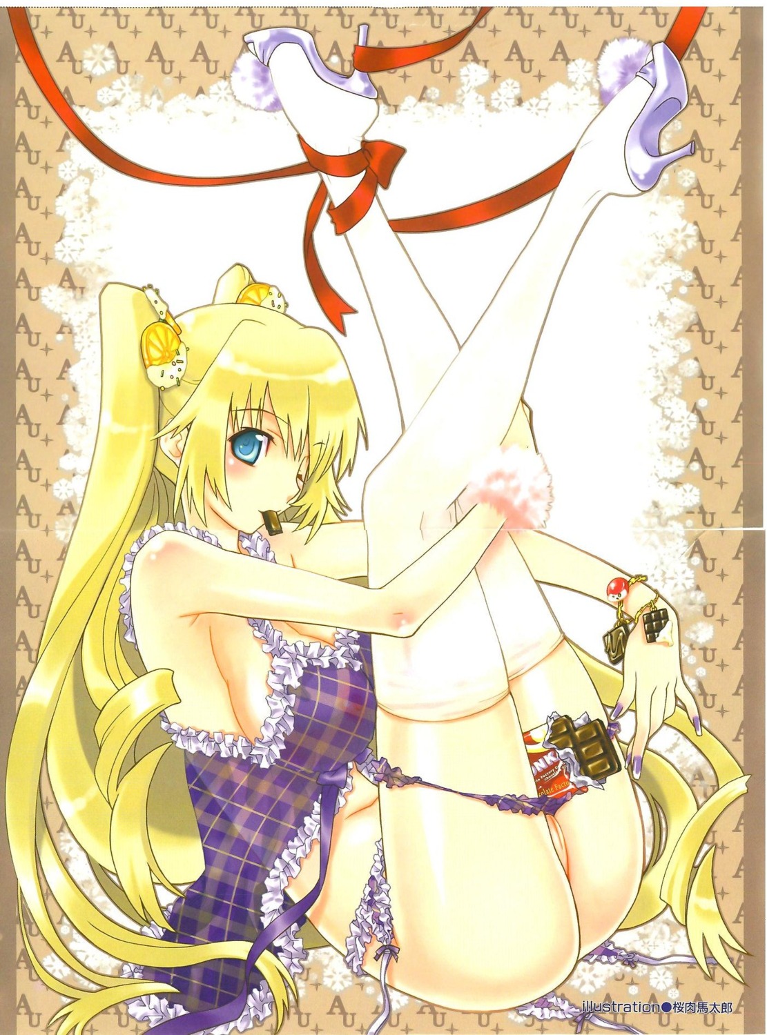 blonde_hair blue_eyes chocolate eating female high_heels panties ribbon rule34 sakuraniku_umatarou see-through sheer thighhighs tied_hair twintails wink