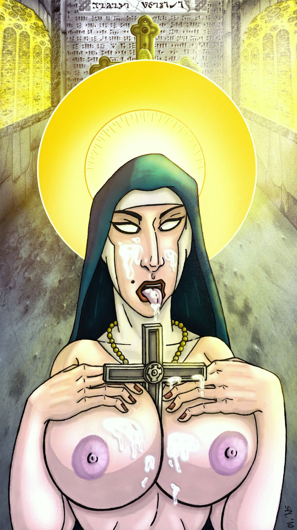 1girls areolae battle_pope beauty_mark between_breasts breasts christianity collarbone crucifix cum_on_tongue detailed_background female female_only front_view habit halo hands_on_breasts huge_breasts human large_areolae lipstick mole mole_above_mouth nail_polish necklace nipples no_pupils object_between_breasts red_lipstick red_nails religion rule34 solo spacepiratelord tongue tongue_out upper_body virgin_mary white_eyes