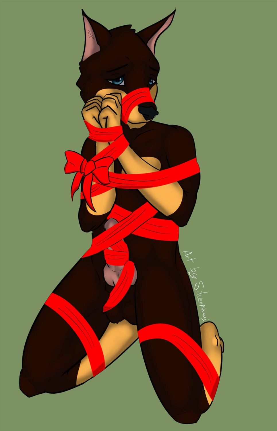 2012 anthro balls bdsm biped blue_eyes bondage bound canid canine canis christmas domestic_dog e621 erection femboy genitals gift gift_wrapped green_background hi_res holidays humanoid_pointy_ears kneeling knot male mammal nude penis person_as_gift person_present pointy_ears shy simple_background slave solo submissive submissive_male xoloitz