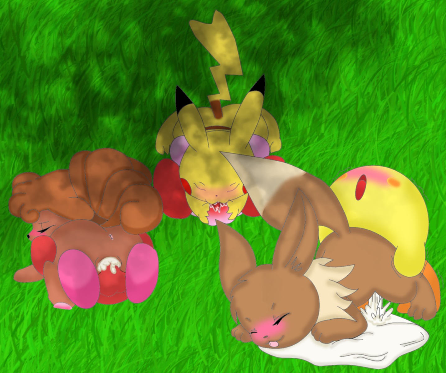 3boys 3girls 69 crossover eevee facesitting female feral fur furry_tail keeby kirby kirby_(series) male multi_tail nintendo no_humans pikachu pokemon pokemon_(species) rule34 tail tails vulpix