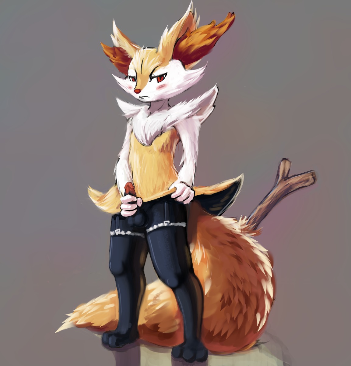 2013 3_toes 4_fingers amphlow anthro arm_tuft balls big_tail biped black_body black_fur black_penis black_skin blush braixen canid cheek_tuft chest_tuft clothed clothing crossdressing digital_media_(artwork) digital_painting_(artwork) e621 erection error facial_tuft feet fingers fluffy fluffy_tail footwear front_view frown full-length_portrait fur garter_belt garter_straps generation_6_pokemon genitals glans glistening grasp grey_background hi_res holding_penis humanoid_genitalia humanoid_penis inner_ear_fluff legwear looking_at_viewer male male_anthro mammal masturbation monotone_tail mostly_nude_anthro mostly_nude_male mouth_closed multicolored_body multicolored_fur nintendo nude object_in_tail orange_body orange_fur orange_nose painting_(artwork) penile penile_masturbation penis pointy_ears pokemon pokemon_(species) portrait prick_ears red_eyes reflection shadow shoulder_tuft simple_background snout socks solo source_request standing stick stick_in_tail stockings tail toes tuft unavailable_at_source white_body white_fur yellow_body yellow_fur yellow_tail