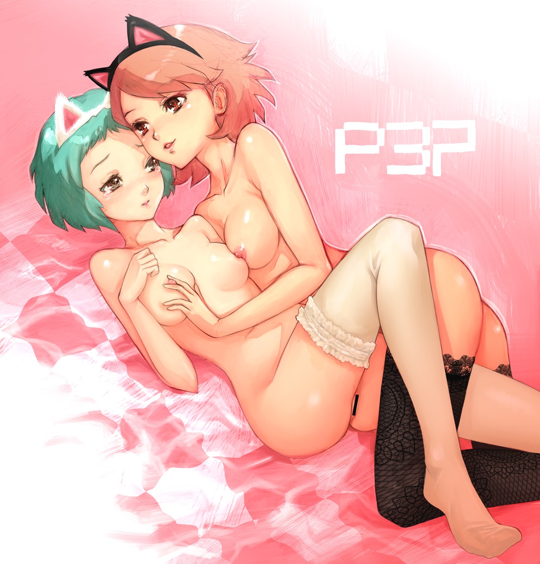 animal_ear ass bar_censor blush boyaking breast_grab breast_press breasts brown_eyes brown_hair censored cyan_hair female fuuka_yamagishi hands multiple_females multiple_girls nipples nipples_touching nude open_mouth persona persona_3 pussy rule34 short_hair tears thighhighs white_legwear white_thighhighs yamagishi_fuuka yukari_takeba yuri