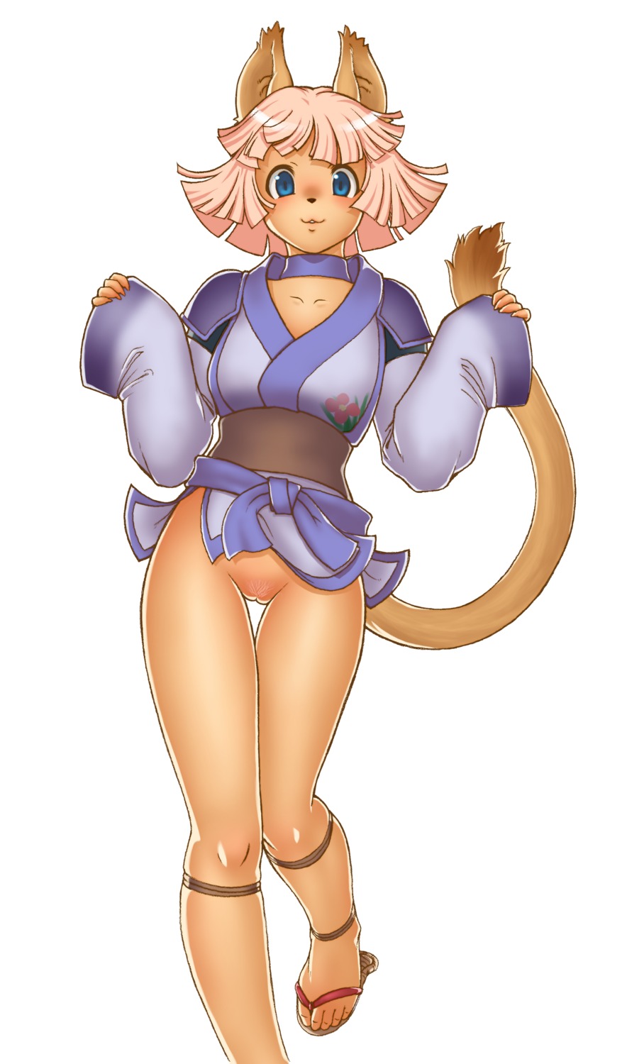 absurd_res animal_humanoid asian_clothing blue_eyes bottomless cat_humanoid clothed clothing e621 east_asian_clothing felid felid_humanoid feline feline_humanoid female final_fantasy final_fantasy_xi genitals gochou hair hi_res humanoid japanese_clothing kimono mammal mammal_humanoid mithra pink_hair pubes solo square_enix tail vulva