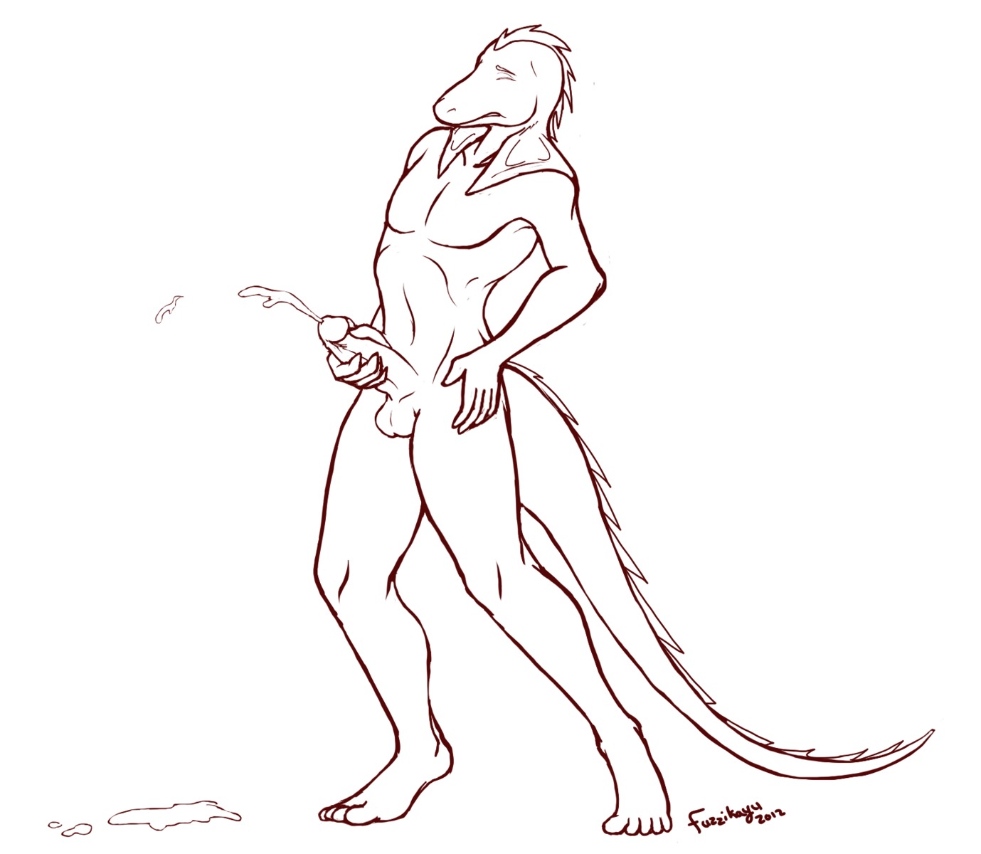 2012 agamid anthro balls biped bodily_fluids cum cum_on_ground cumshot e621 ejaculation erection eyebrows eyes_closed foreskin frill_(anatomy) frilled_lizard fuzzikayu genital_fluids genitals genobee_(genobee) hi_res humanoid_genitalia humanoid_penis lizard male masturbation membrane_(anatomy) membranous_frill monochrome nude orgasm penile penile_masturbation penis plantigrade reptile scalie simple_background solo standing tail white_background