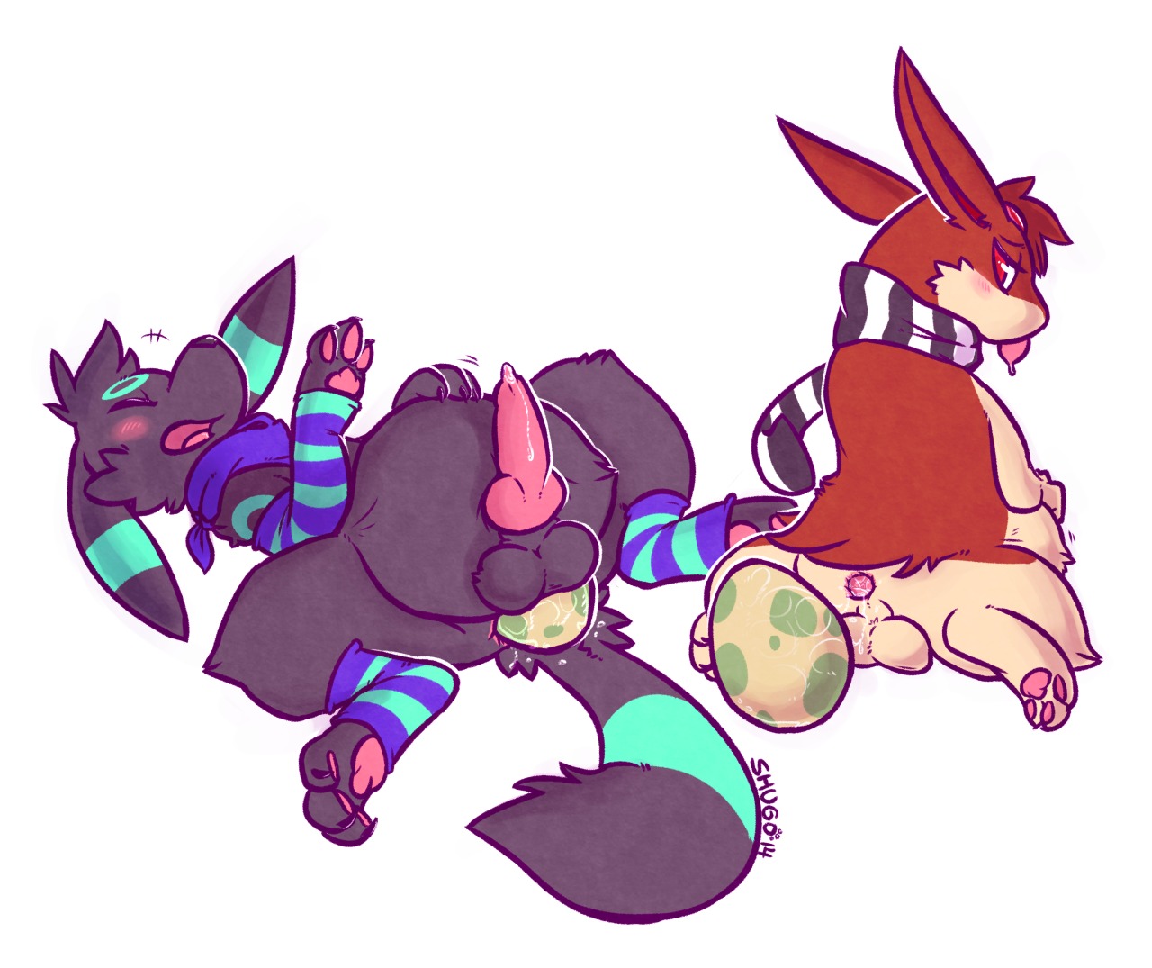 2014 alternate_color anal anal_oviposition animal_genitalia animal_penis anus blush bodily_fluids canine_genitalia canine_penis clothing cum digital_media_(artwork) duo e621 eeveelution egg erection eyes_closed feral footwear generation_2_pokemon genital_fluids genitals jet_(gojithefox) knot legwear male nintendo open_mouth oviposition pattern_clothing pattern_legwear penis pink_penis pokemon pokemon_(species) pregnant pregnant_male quilava scarf shiny_pokemon shugowah socks striped_clothing striped_legwear stripes tongue umbreon