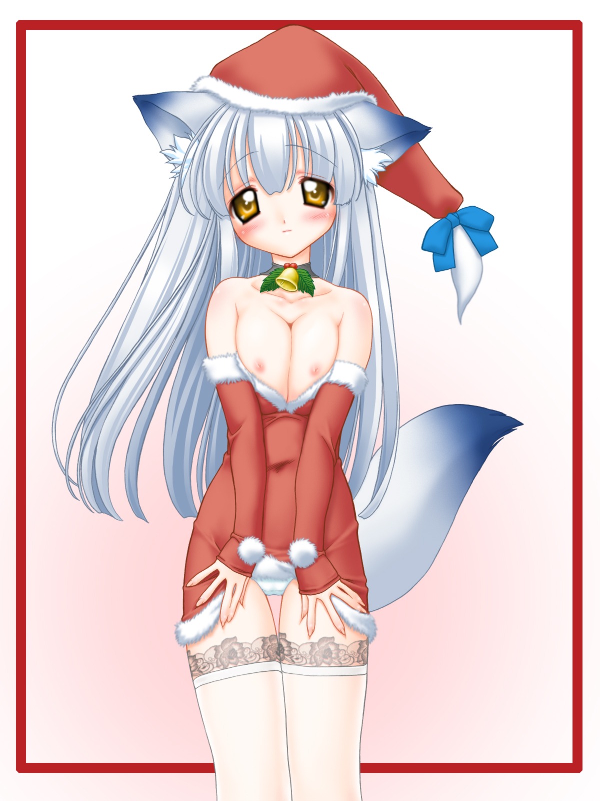 animal_ears bell bell_collar blush breasts cat_ears christmas collar dress dress_lift female fox_ears fox_tail hat highres lace lace-trimmed_thighhighs lace_legwear long_hair nakajima_konta nipples orange_eyes panties rule34 santa_costume santa_hat silver_hair tail thigh_gap thighhighs underwear white_legwear white_panties
