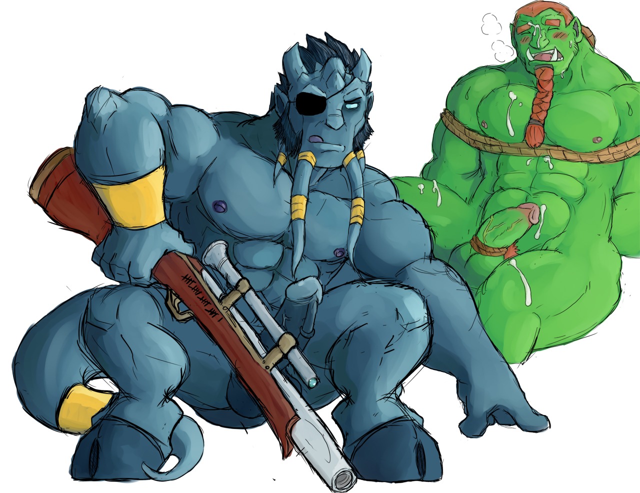 2boys abs artist_request bdsm blizzard_entertainment blue_skin blushing bondage captured cum cum_on_body draenei erect_penis erection eyepatch green_skin hooves male male_draenei male_focus male_nipples male_only montezuma muscular muscular_male nipples orc orc_male penis red_hair restrained rope rope_bondage rule34 shibari shotgun tagme tail tied_up tusks veiny_penis world_of_warcraft yaoi